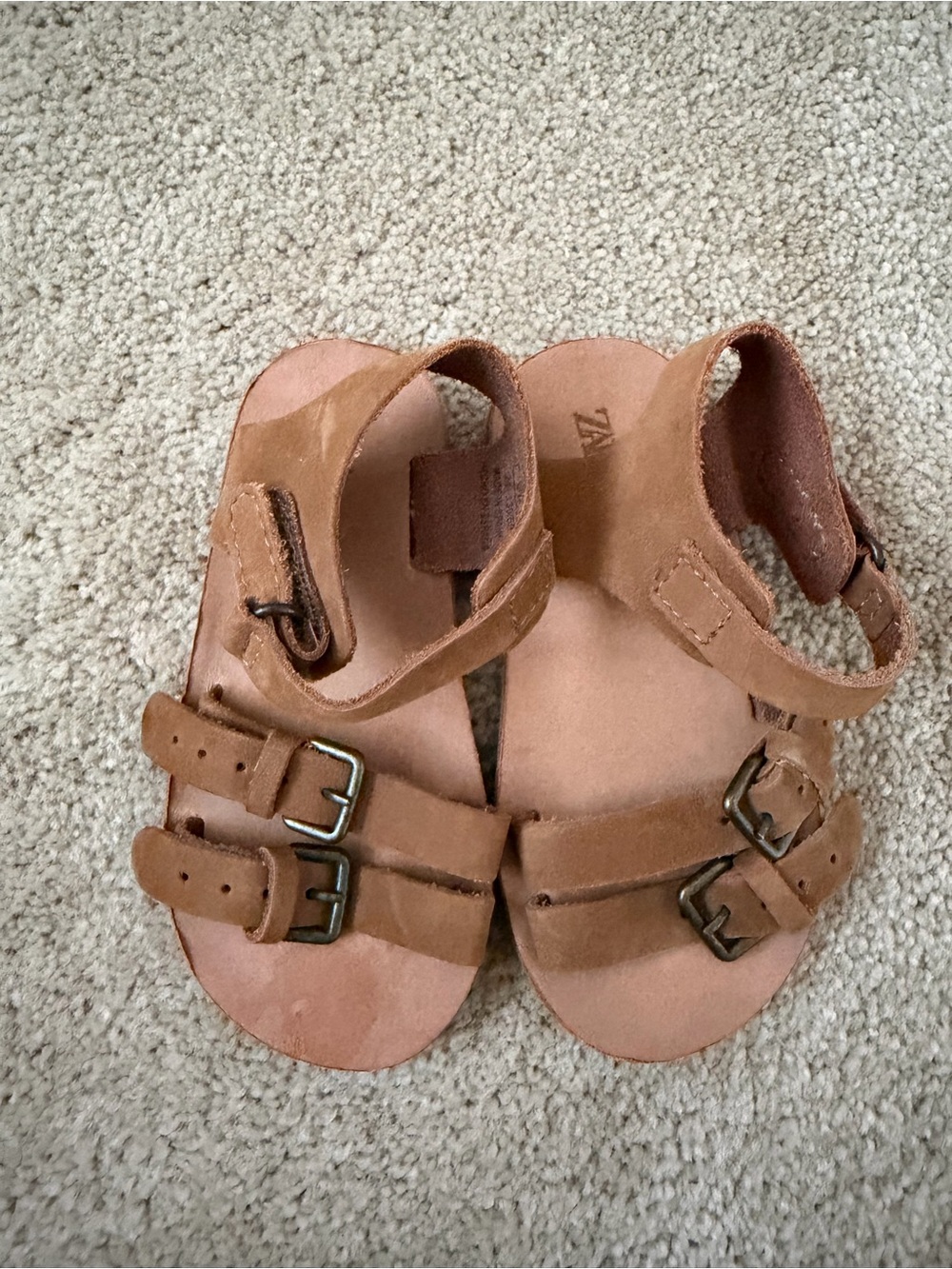 Zara Brown Double-Buckle Kids Leather Sandals